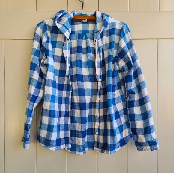 L.L Bean white and blue plaid textured twill button front hoodie - Picture 1 of 9
